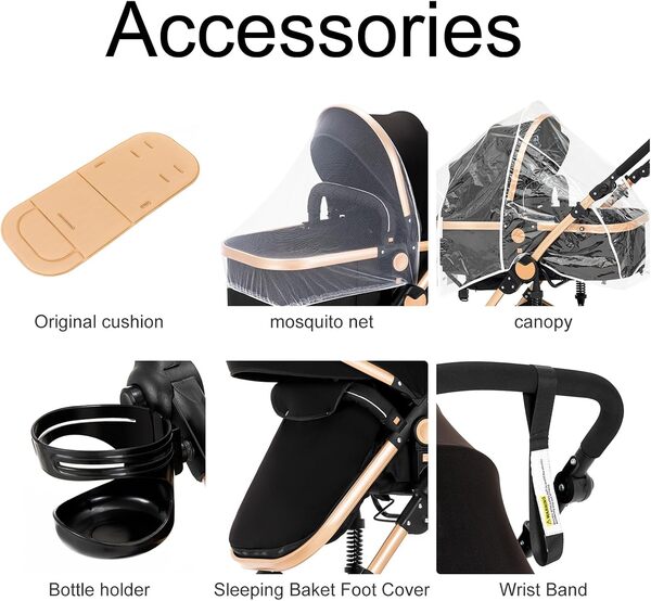 Reenborn Poussette 3 en 1, Poussette Bebe avec Réversible Deux Façons de Pousser, Pousette avec Cadre Aluminium Haute Paysage, Pousette 3 en 1 avec Conception Pliable en Un Clic (588 Black)