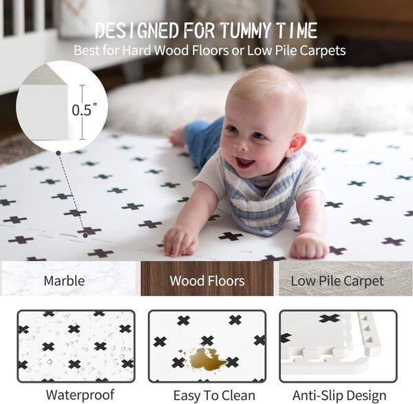 YAY ! MATS Tapis de jeu pour bébé très grand élégant Couvre-tapis en mousse souple, non toxique (6 pi x 4 pi) Tuiles extensibles avec bords Tapis de jeu pour nourrissons et enfants|brooklyn cross blanc