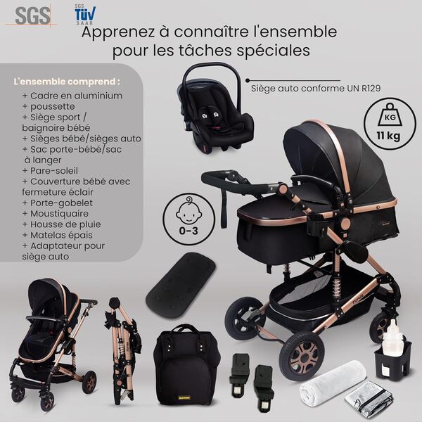 GaGaDumi Florida poussette 3 en 1 set complet avec siège auto - Baby Stroller 3 en 1 TÜV - Poussette combinée 3 en 1 set complet pneus pleins - Sac à langer Noir/Or