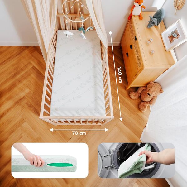 Babymoov Matelas Bébé Cosy'Lite Antibactérien 70x140cm - sans Traitement Chimique - Epaisseur 10cm - Fabriqué au Portugal - Déhoussable - Certifié Oeko-Tex