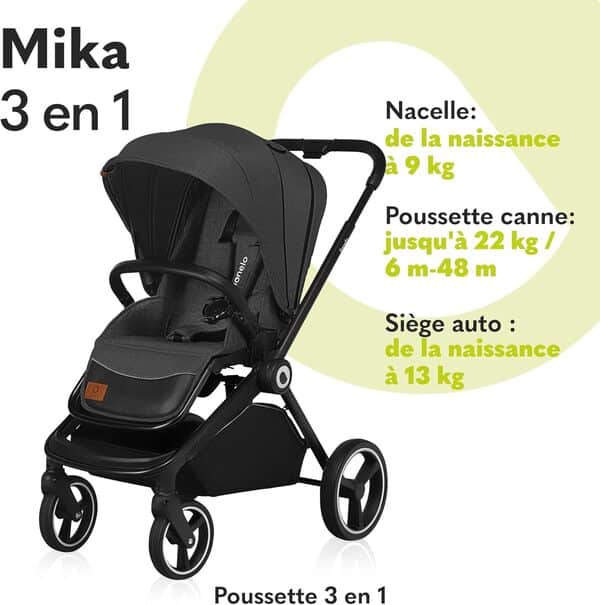 LIONELO Mika poussette bébé confort 3 en 1, poussette compacte, nacelle, siège auto, porte-bébé, moustiquaire, un chauffe-pieds un habillage de pluie