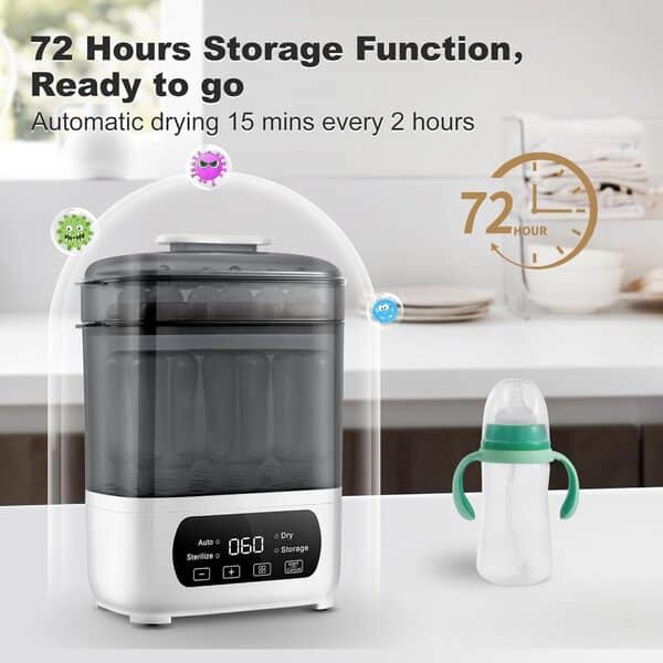 AMZBABYCHEF Cuiseur vapeur et séchoir électrique pour biberons, défroisseur vapeur et sèche-linge 4 en 1, ajustement universel pour toutes les bouteilles, écran tactile LED, arrêt automatique