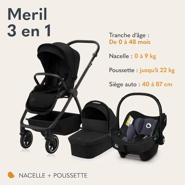 LIONELO MERIL 3 en 1 Poussette Bébé Multifonctionnelle 0 à 48 Mois Jusqu'à 22 kg, Nacelle Jusqu'à 9 kg, Siège Auto, Roues Tout-terrain 360 °, Amortissement Complet Auvent XXL UPF50+ (Black)