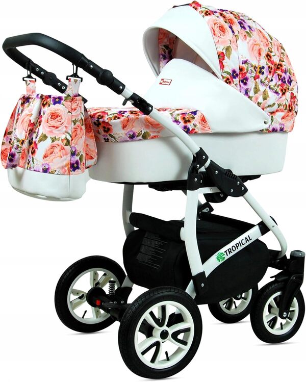 BabyLux® Enfant Poussette Combinée Set 3 en 1 - Tropical - incl. Nacelle, Canne, Siège de voiture - Siège Auto - Landau Bébé - avec Sac à langer, Habillage pluie, Moustiquaire etc.