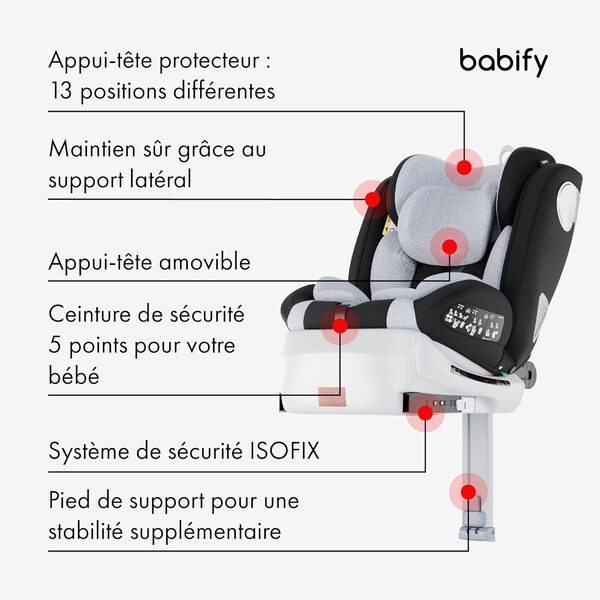 Babify Siège Auto Bébé 0 À 36 Kg – Pivotant À 360° Isofix Avec Jambe De Force, Homologué ECE R129, Inclinable, Harnais 5 Points, 40-150 cm (0-12 Ans), Appui-Tête Réglable, Gris