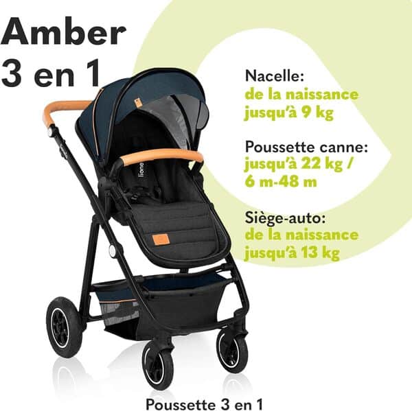 LIONELO Amber 3 in 1 poussette multifonctionnellle, landau, ensemble poussette avec siège sport et nacelle fixe, sac, moustiquaire, couvrir, feuille de pluie mit siege auto