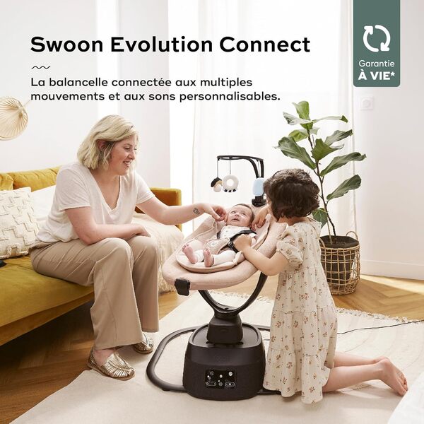 Babymoov Balancelle Bébé Eléctrique Swoon Evolution Mocca-Connectée avec Application mobile -Streaming musical, Enregistrement de voix et Berceuses personnalisées -Assise 360°-Réducteur nouveau-né