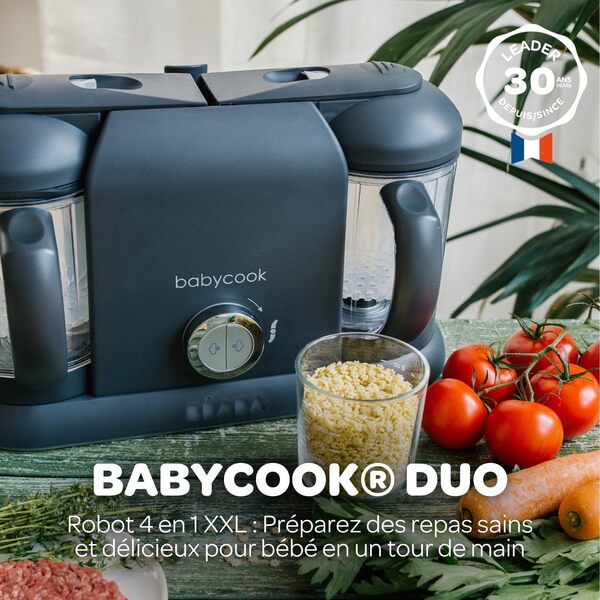 BÉABA, Babycook Duo, Robot Bébé 4 en 1 Mixeur-Cuiseur, Cuisson Vapeur rapide 15min, Diversification alimentaire, Petits pots bébé maison, Contenance XXL 2200 ml, Dark Grey