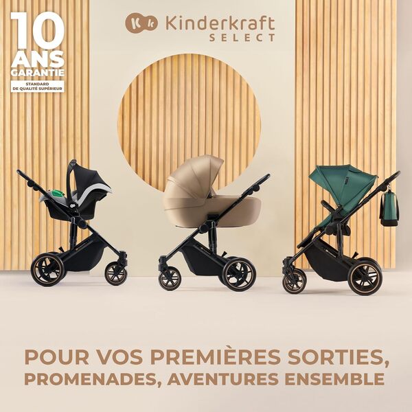 Kinderkraft PRIME 2 Poussette 3 en 1, avec siège auto MINK PRO i-Size, Dès la naissance jusqu’à 25 kg, Imperméable avec filtre UPF50+, Roues et châssis amortis, Beige