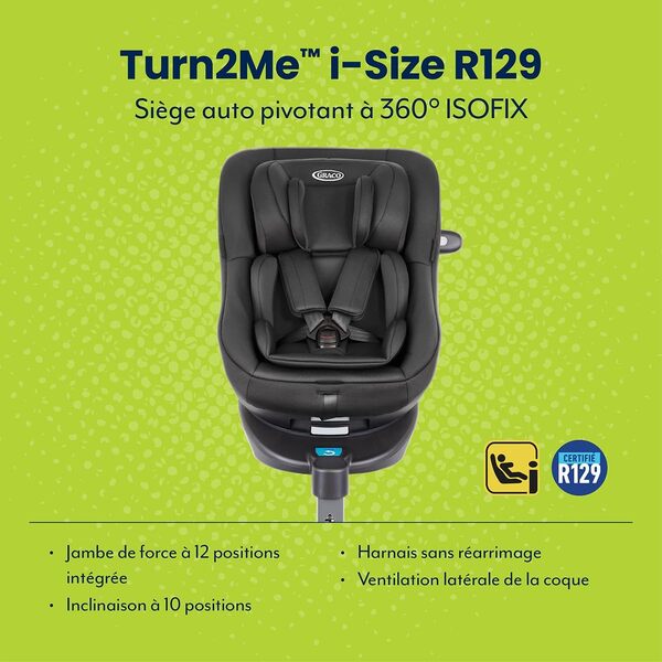 Graco Turn2Me i-Size R129, siège-auto rotatif à 360° ISOFIX, de 40 à 105 cm (de la naissance jusqu'à environ 4 ans), Harnais à 5 points et position allongée, noir, Midnight