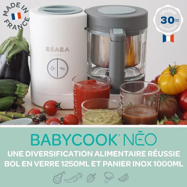 BÉABA - Babycook Néo - Robot Bébé Made in France - Mixeur-Cuiseur - Bol en Verre et Cuve Inox - Petits pots bébé maison + Lot de 6 Portions Conservation Clip, Pots empilables et emboîtables