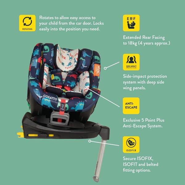 Cosatto Come & Go Siège auto rotatif à 360° – 0-4 ans (0-105 cm), iSize, ISOFIX, protection contre les chocs latéraux, anti-fuite, face arrière étendue (arc-en-ciel disco)