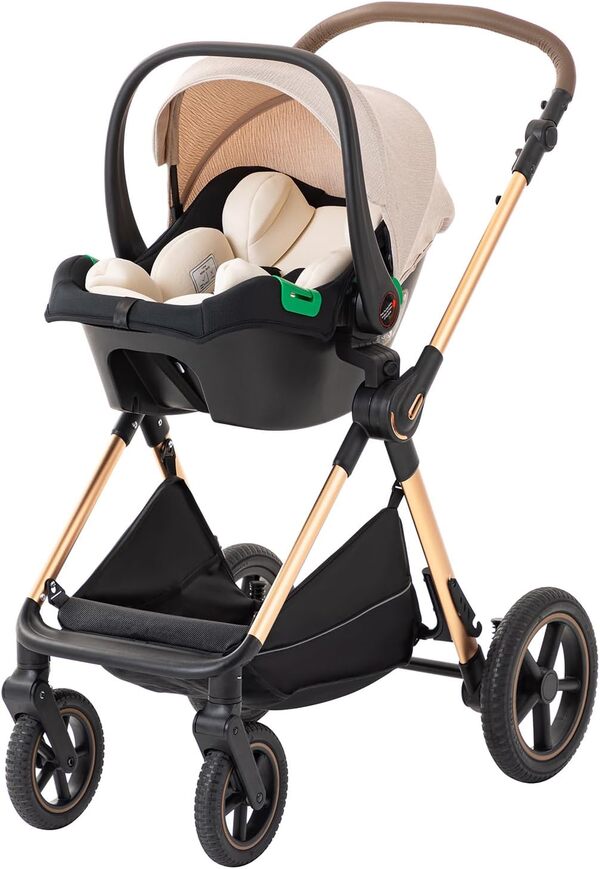 BEBBY Poussette 3 en 1, Poussettes Combinée Portable Pliant en Un Clic,Poussettes Citadines Avec Siège Auto, Poussette Canne Paysage Haut Cadre en Aluminium Pour Nouveau-né (D2-RICEWHITE)