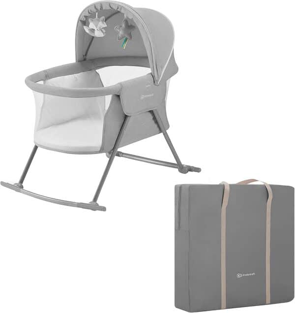 KINDERKRAFT LOVI Lit bébé 3 en 1, Berceau bébé, Lit Parapluie, avec Matelas Sac de Transport, 2 Jouets Doux Inclus, Gris & Neste UP Lit bébé cododo, Lit Bebe avec Matelas de la Naissance, Gris Clair