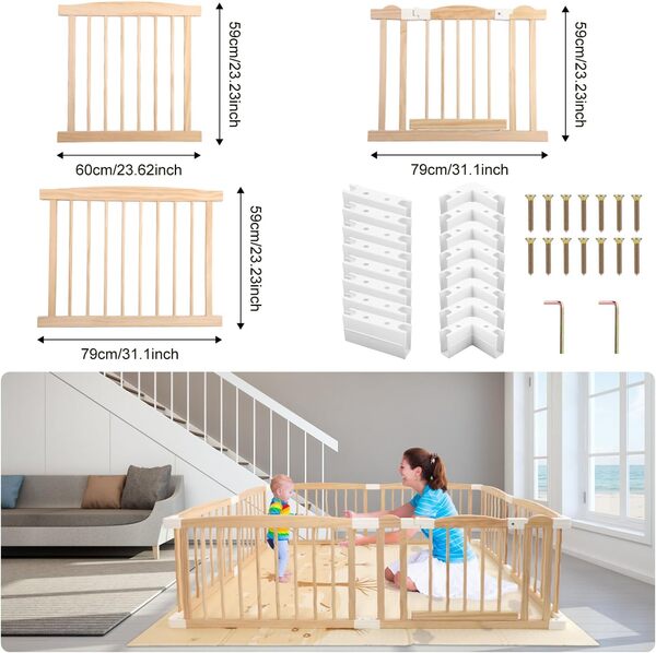 Parc en bois pour bébés et tout-petits, kaki, 160x120x61 cm, pliable et réglable, intérieur/extérieur