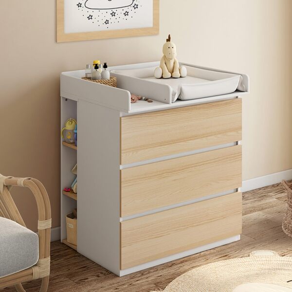 IDMarket - Commode à Langer évolutive Ambre façon hêtre et Blanc 3 tiroirs Table à Langer et 2 étagères Amovibles