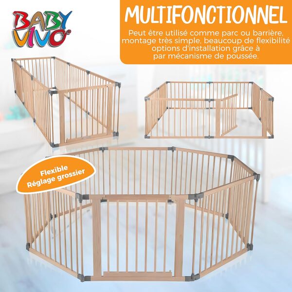 Baby Vivo Parc Bébé Barrière Sécurité Pliable Enfant Protection Porte en Bois - réglable individuellement- 8 Éléments PREMIUM