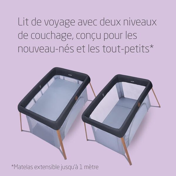 Maxi-COSI Iris2, Lit Parapluie Bébé avec Matelas 2 en 1, 0-3 Ans, 0-15 kg, Lit de Voyage Bébé, 2 Niveaux de Couchage, Fenêtre D'accès Latérale, Pliable & Léger, Matelas Extensible, Essential Graphite