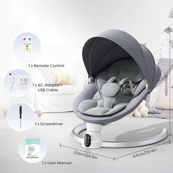 Ixdregan Transat Bébé Electrique, APP et Télécommande Balancelle Bébé Dès La Naissance à 9kg, Harnais à 5-Points Amélioré Balançoire pour Baby avec 3 minuteries, 5 Vitesses et 10 Mélodies (Gris)